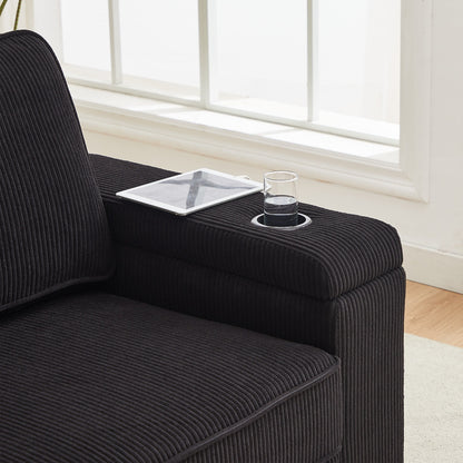 Canapé 3 places en velours côtelé noir moderne 86,5 avec deux espaces de rangement, ports de chargement USB et deux porte-gobelets