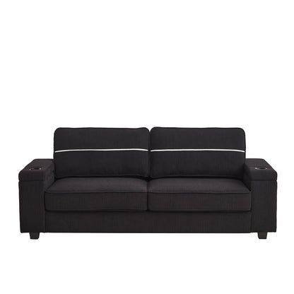 Canapé 3 places en velours côtelé noir moderne 86,5 avec deux espaces de rangement, ports de chargement USB et deux porte-gobelets