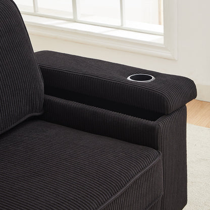 Canapé 3 places en velours côtelé noir moderne 86,5 avec deux espaces de rangement, ports de chargement USB et deux porte-gobelets