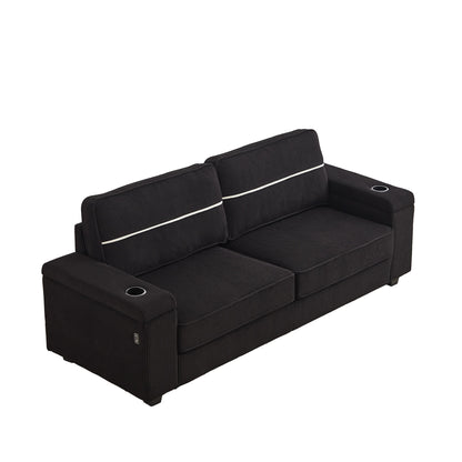Canapé 3 places en velours côtelé noir moderne 86,5 avec deux espaces de rangement, ports de chargement USB et deux porte-gobelets