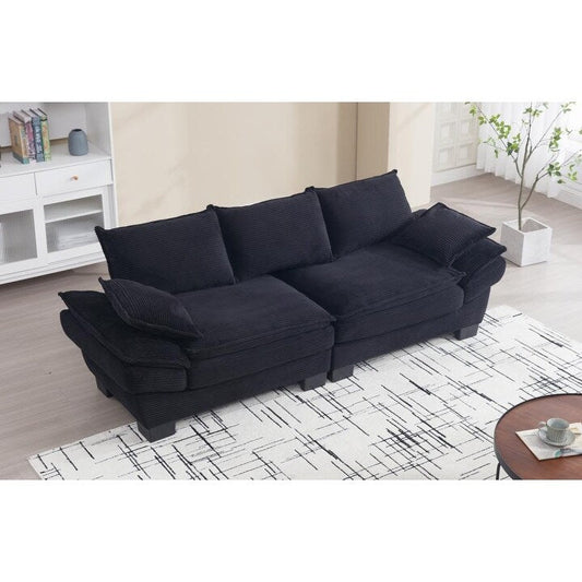 Canapé 3 places en velours côtelé noir moderne 88,6 avec deux coussins et pieds larges en plastique pour le salon