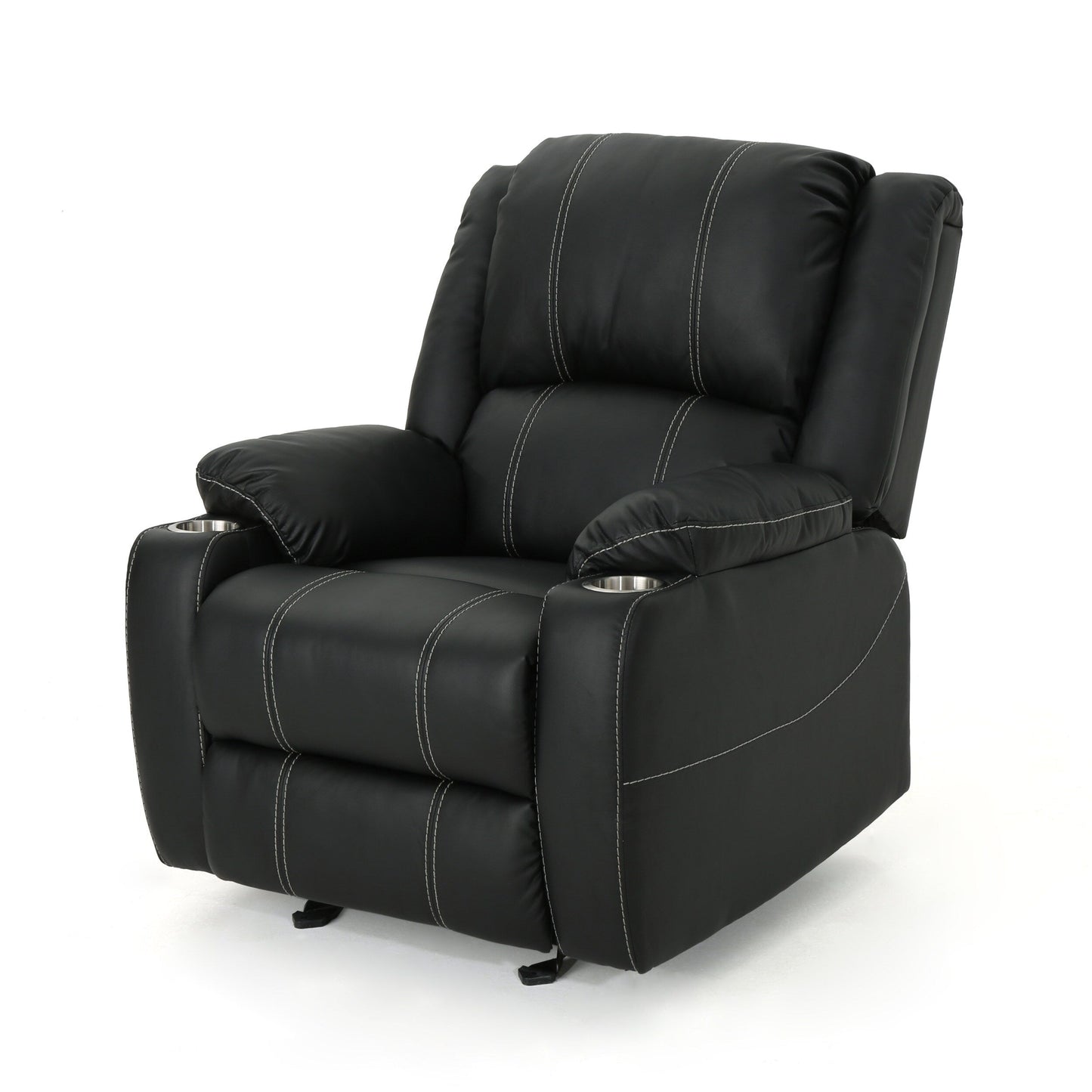 Fauteuil inclinable manuel moderne noir avec porte-gobelets en acier, cuir synthétique moelleux et dossier inclinable réglable