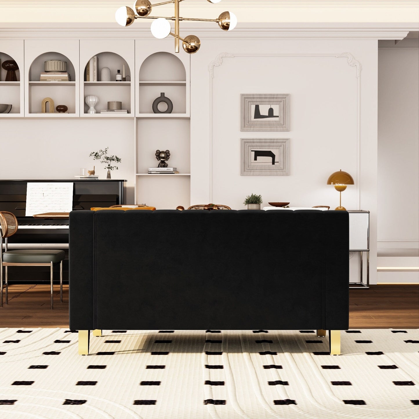 Canapé causeuse moderne en velours noir avec touches dorées et coussins moelleux pour le salon