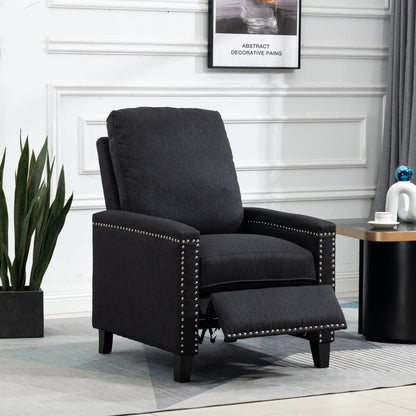 Fauteuil inclinable manuel moderne en velours noir avec coussins et décoration cloutée