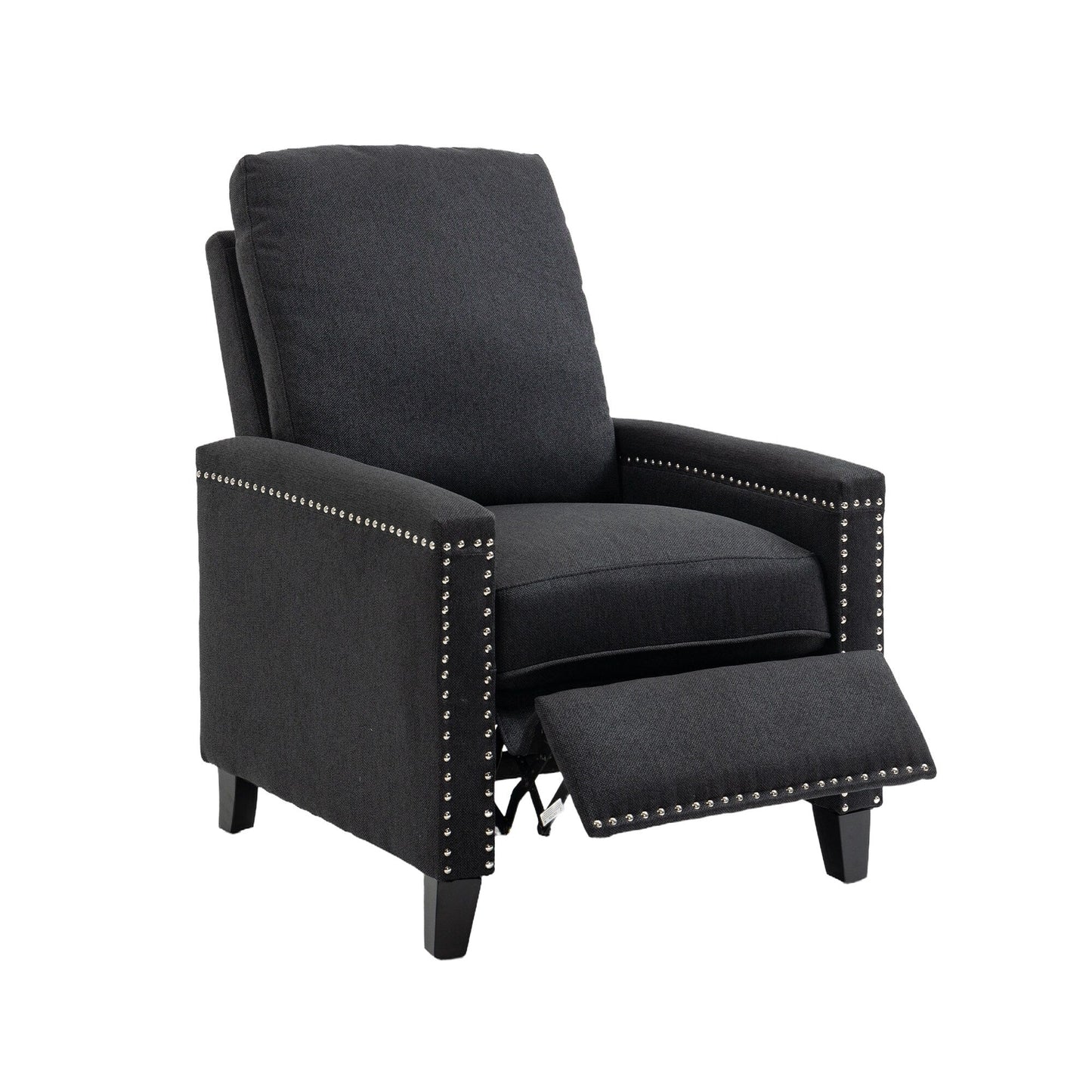 Fauteuil inclinable manuel moderne en velours noir avec coussins et décoration cloutée