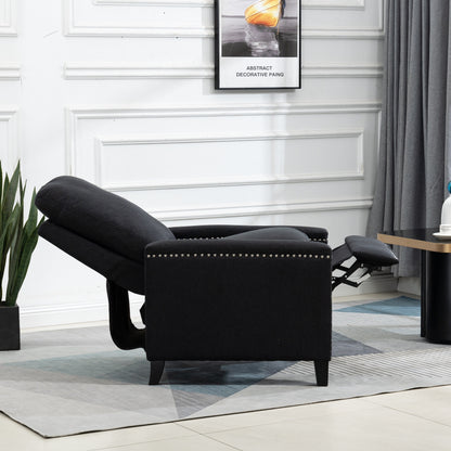 Fauteuil inclinable manuel moderne en velours noir avec coussins et décoration cloutée