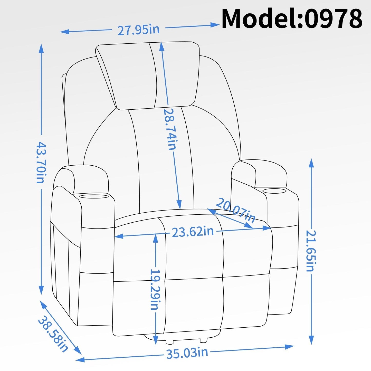 Fauteuil inclinable motorisé Okin noir avec massage par vibration à 8 points, chauffage lombaire, deux porte-gobelets et ports USB