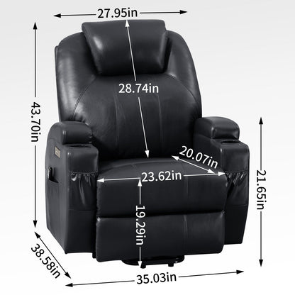 Fauteuil inclinable motorisé Okin noir avec massage par vibration à 8 points, chauffage lombaire, deux porte-gobelets et ports USB
