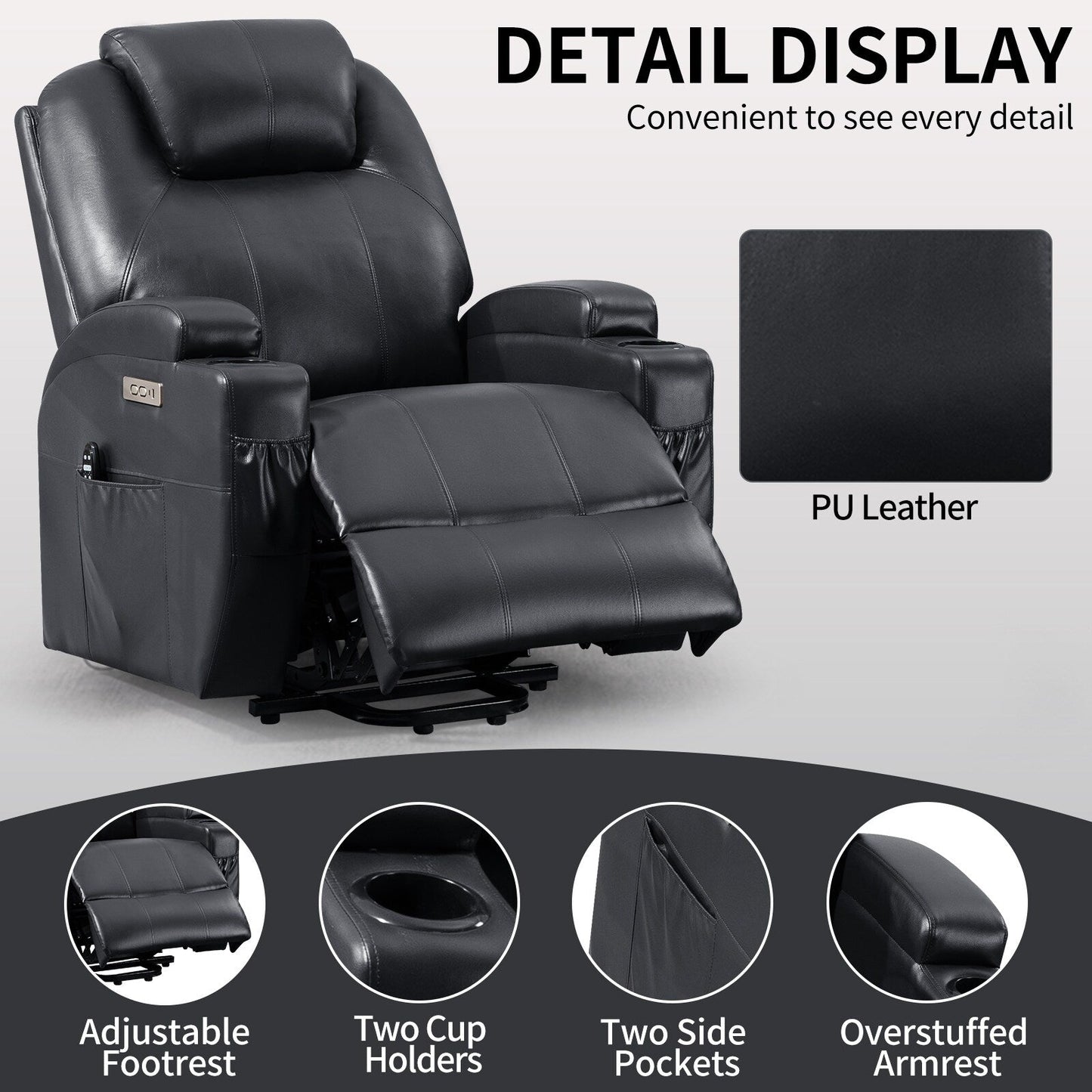 Fauteuil inclinable motorisé Okin noir avec massage par vibration à 8 points, chauffage lombaire, deux porte-gobelets et ports USB