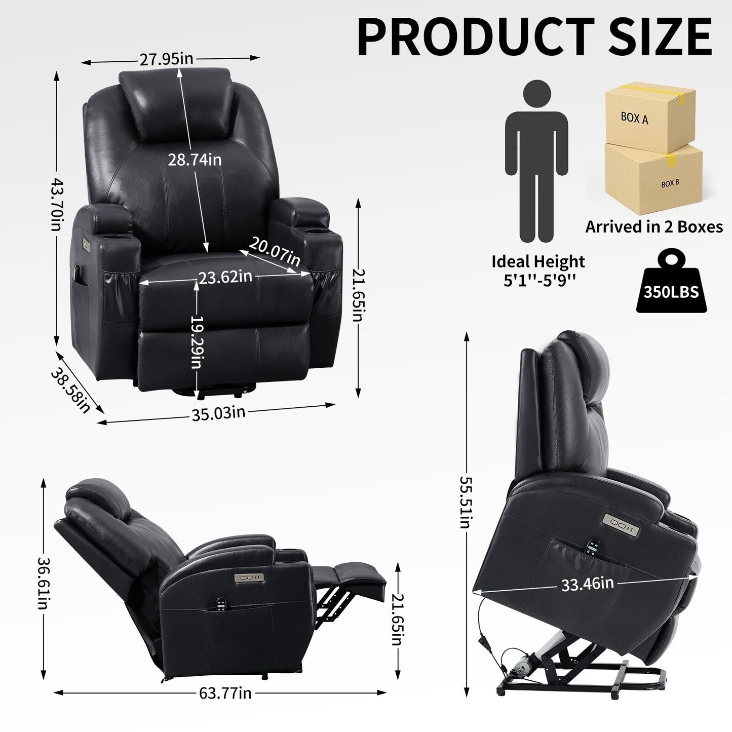 Fauteuil inclinable motorisé Okin noir avec massage par vibration à 8 points, chauffage lombaire, deux porte-gobelets et ports USB