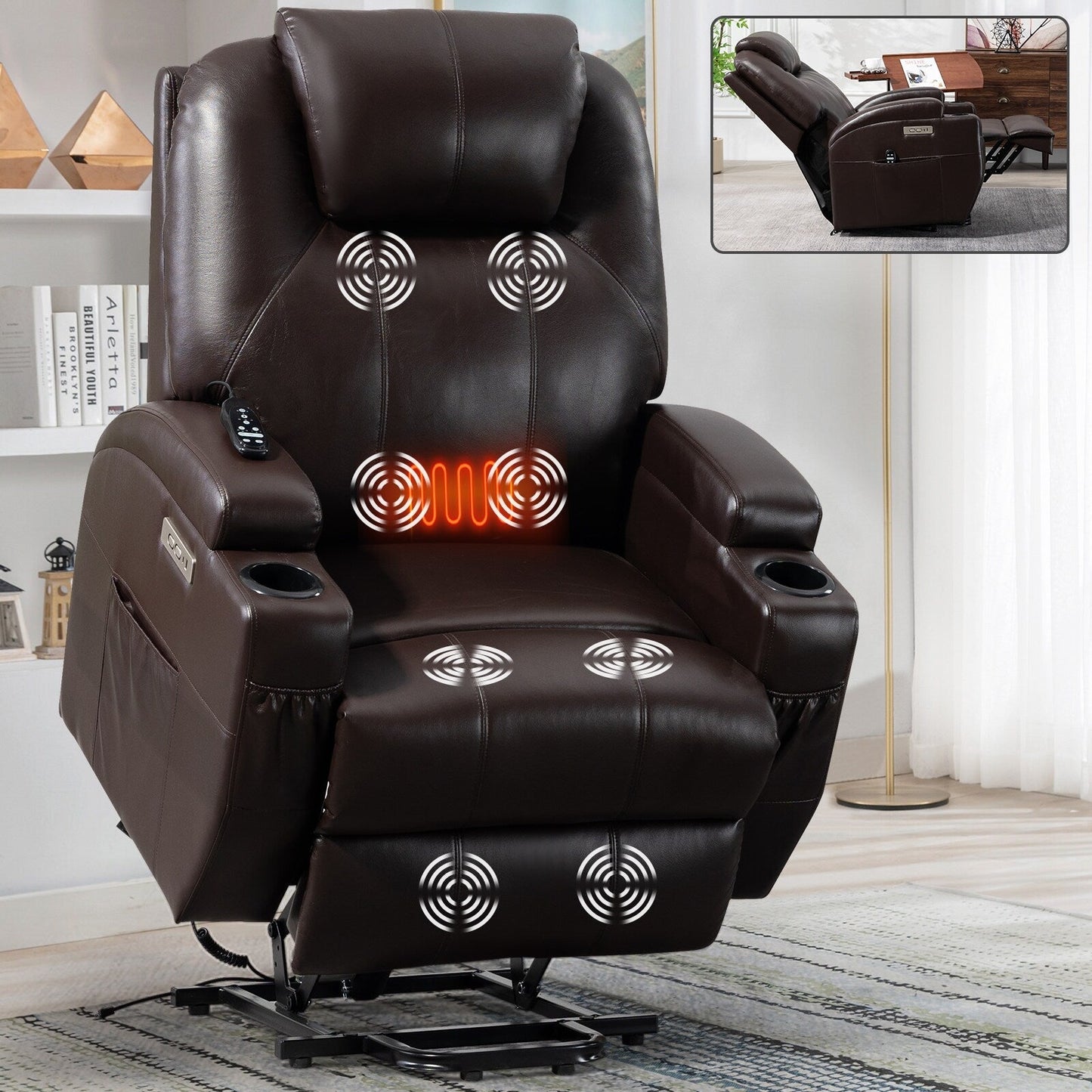 Fauteuil inclinable motorisé Okin noir avec massage par vibration à 8 points, chauffage lombaire, deux porte-gobelets et ports USB