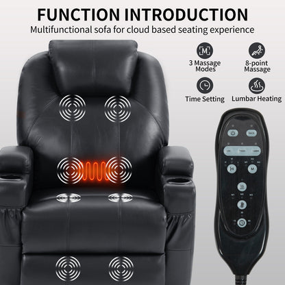 Fauteuil inclinable motorisé Okin noir avec massage par vibration à 8 points, chauffage lombaire, deux porte-gobelets et ports USB