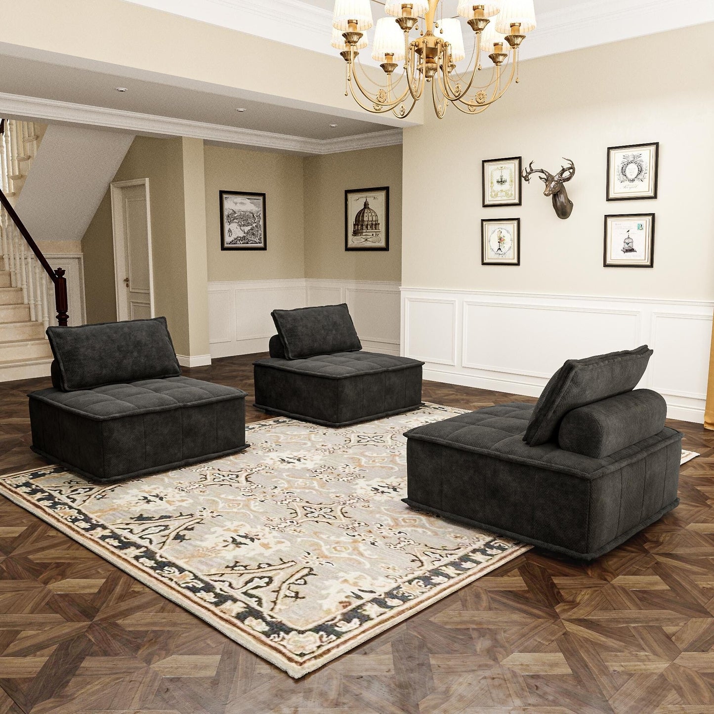 Ensemble de canapés modulaires carrés surdimensionnés en chenille noire, 3 pièces, avec coussins en mousse haute densité, combinaison libre