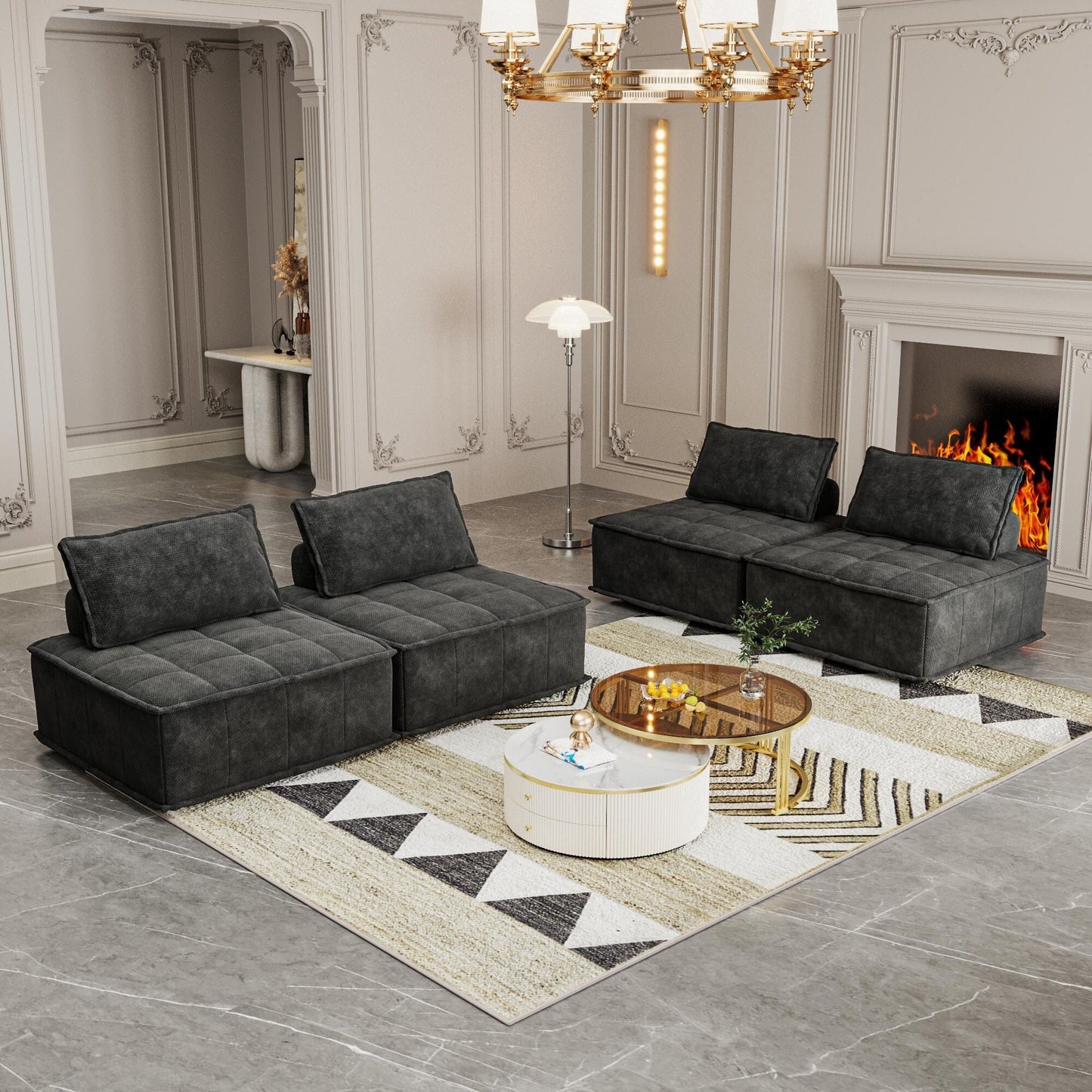Ensemble de canapés modulaires carrés surdimensionnés en chenille noire, 4 pièces, avec coussins en mousse haute densité, combinaison libre