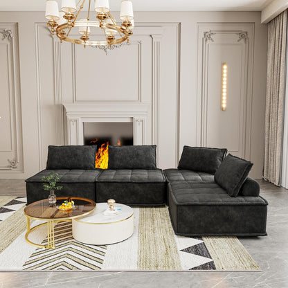 Ensemble de canapés modulaires carrés surdimensionnés en chenille noire, 4 pièces, avec coussins en mousse haute densité, combinaison libre