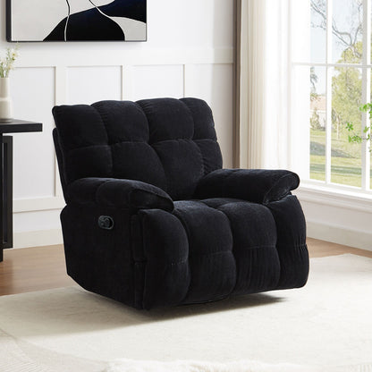 Fauteuil inclinable manuel pivotant à 360°, rembourré et noir, avec accoudoirs et siège plus larges pour le salon