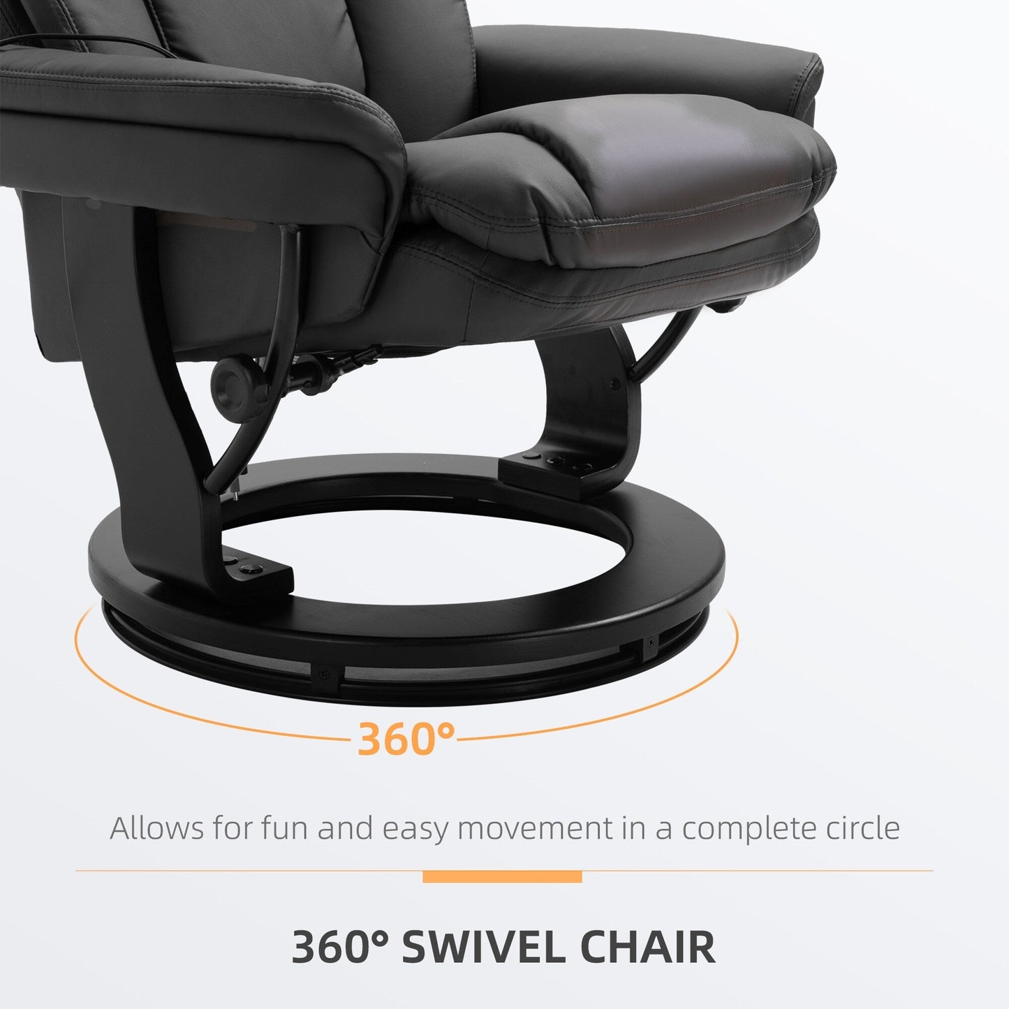 Fauteuil inclinable manuel pivotant à 360° en cuir PU noir avec repose-pieds, massage par vibrations complet du corps et poche latérale
