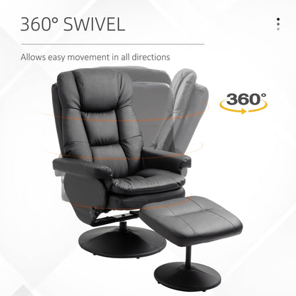 Fauteuil inclinable en similicuir noir avec repose-pieds, dossier réglable et base pivotante