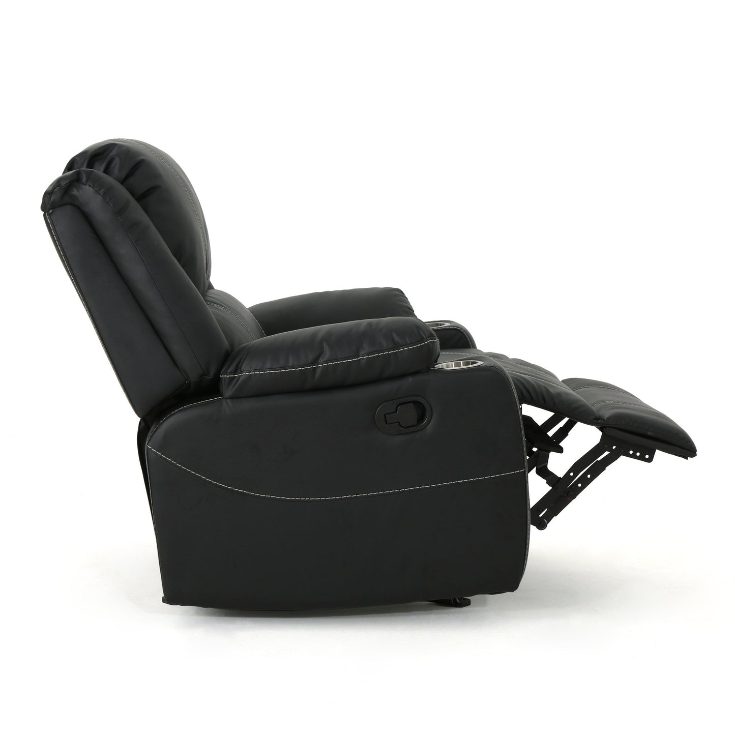 Fauteuil inclinable en cuir PU noir avec porte-gobelets en acier, mécanisme d'inclinaison facile et confort luxueux pour la détente