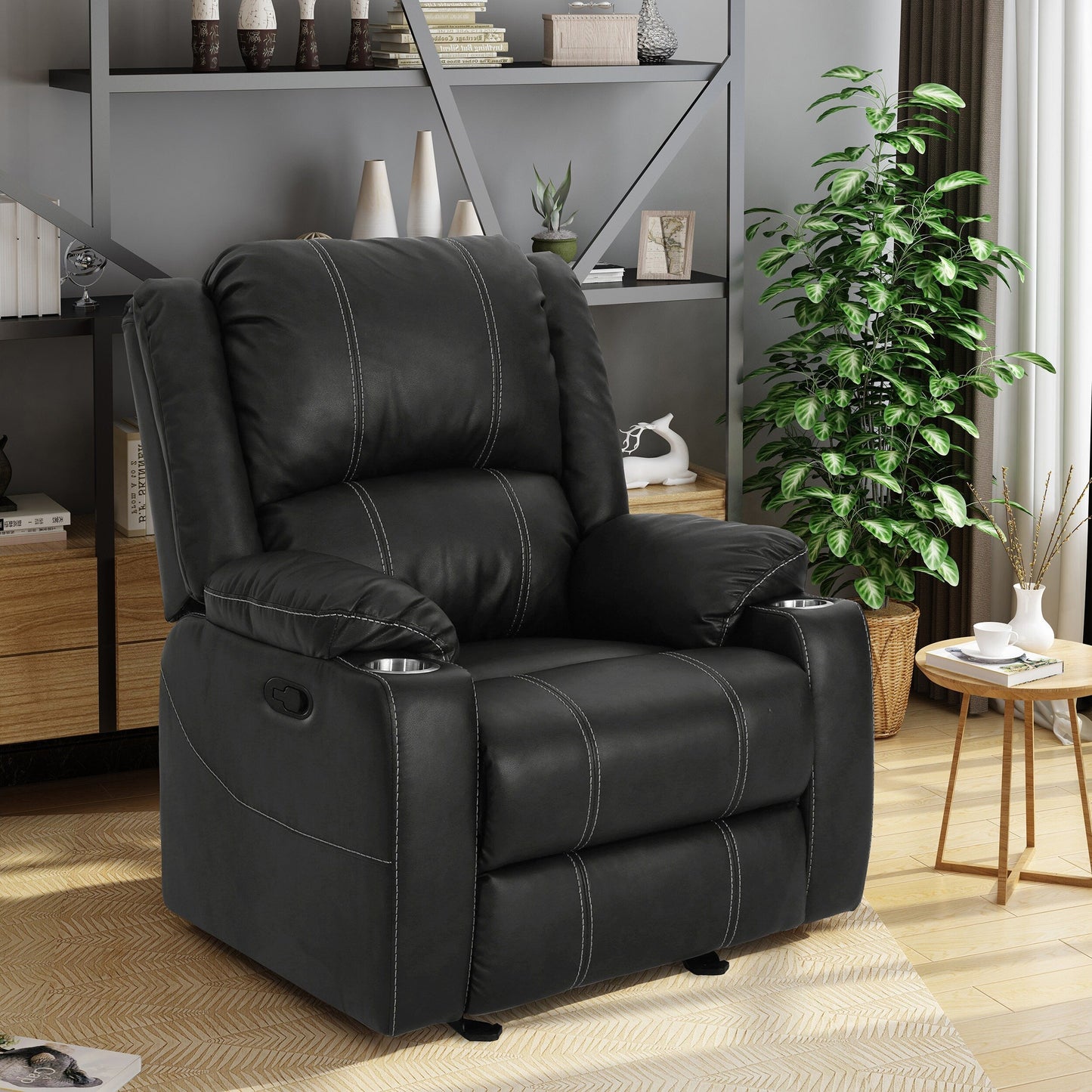 Fauteuil inclinable en cuir PU noir avec porte-gobelets en acier, inclinaison facile et confort luxueux