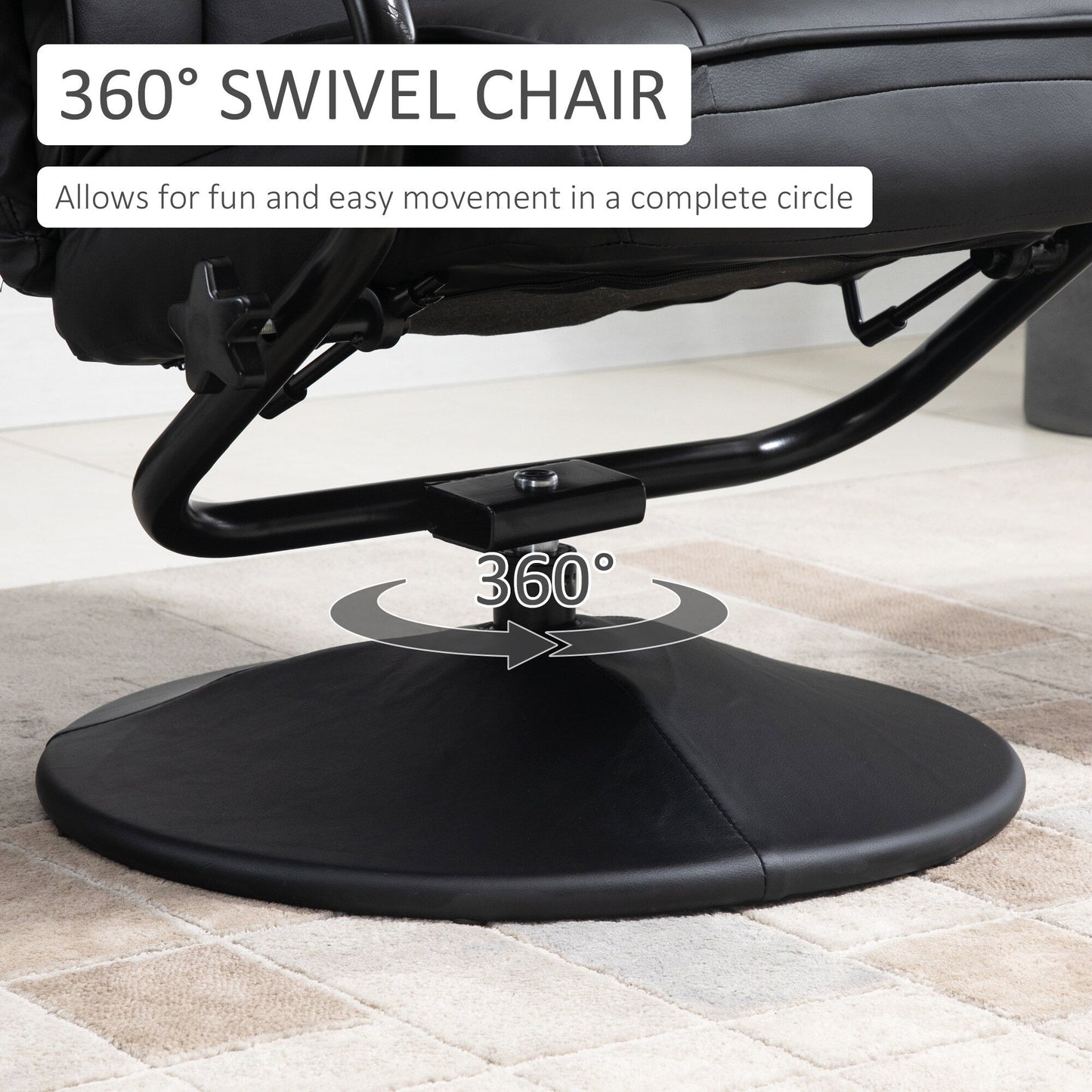 Fauteuil inclinable pivotant en similicuir noir avec repose-pieds ottoman, réglages manuels