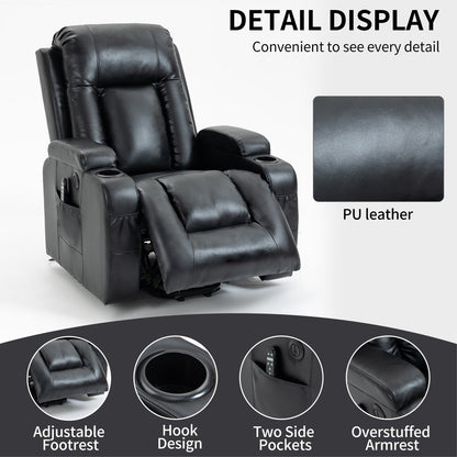 Fauteuil inclinable électrique noir avec massage 8 points, chauffage lombaire, chargement USB, porte-gobelets et mécanisme robuste