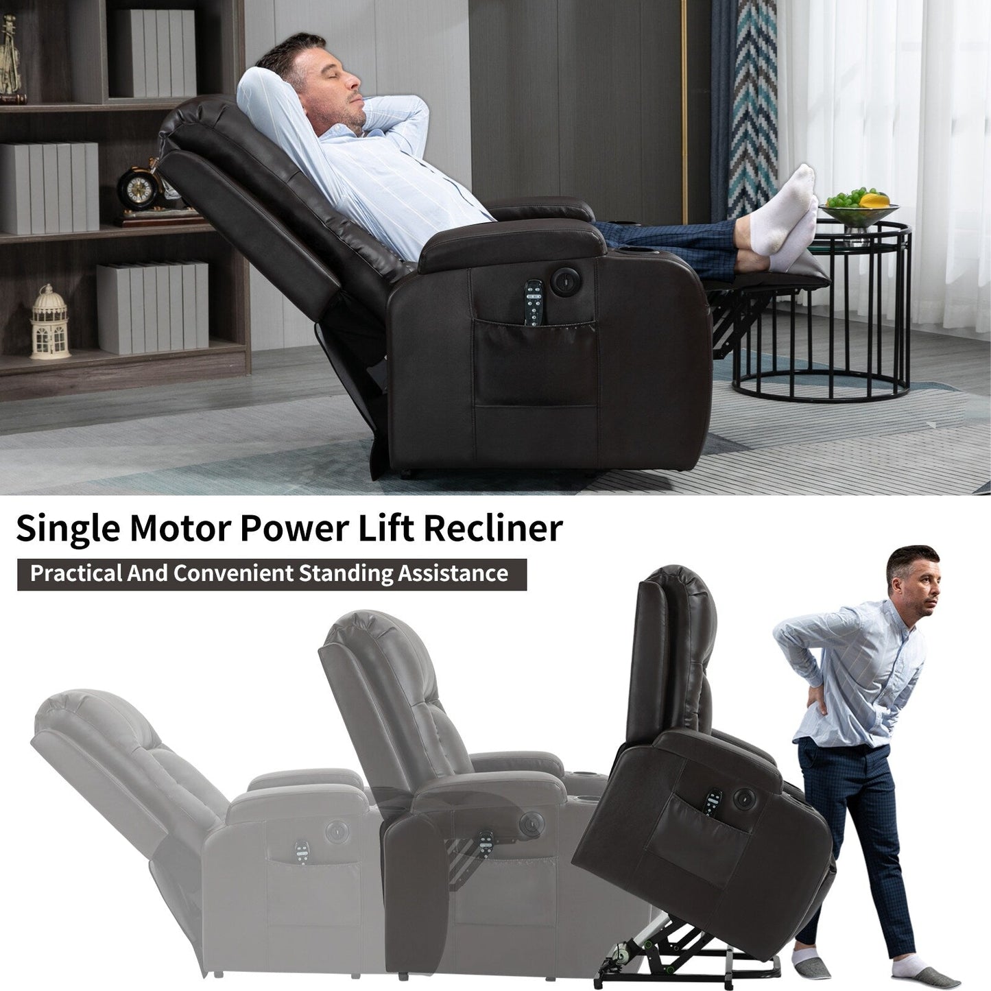 Fauteuil inclinable électrique noir avec massage 8 points, chauffage lombaire, chargement USB, porte-gobelets et mécanisme robuste