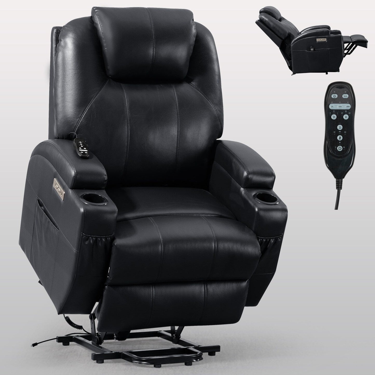 Fauteuil inclinable électrique noir avec massage par vibrations à 8 points, chauffage lombaire, deux ports USB, porte-gobelets et moteur Okin