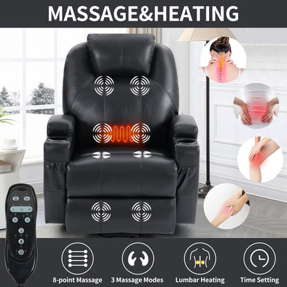 Fauteuil inclinable électrique noir avec massage par vibrations à 8 points, chauffage lombaire, deux ports USB, porte-gobelets et moteur Okin