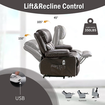 Fauteuil inclinable électrique noir pour personnes âgées avec massage chauffant, chargement USB, revêtement en similicuir et porte-gobelets