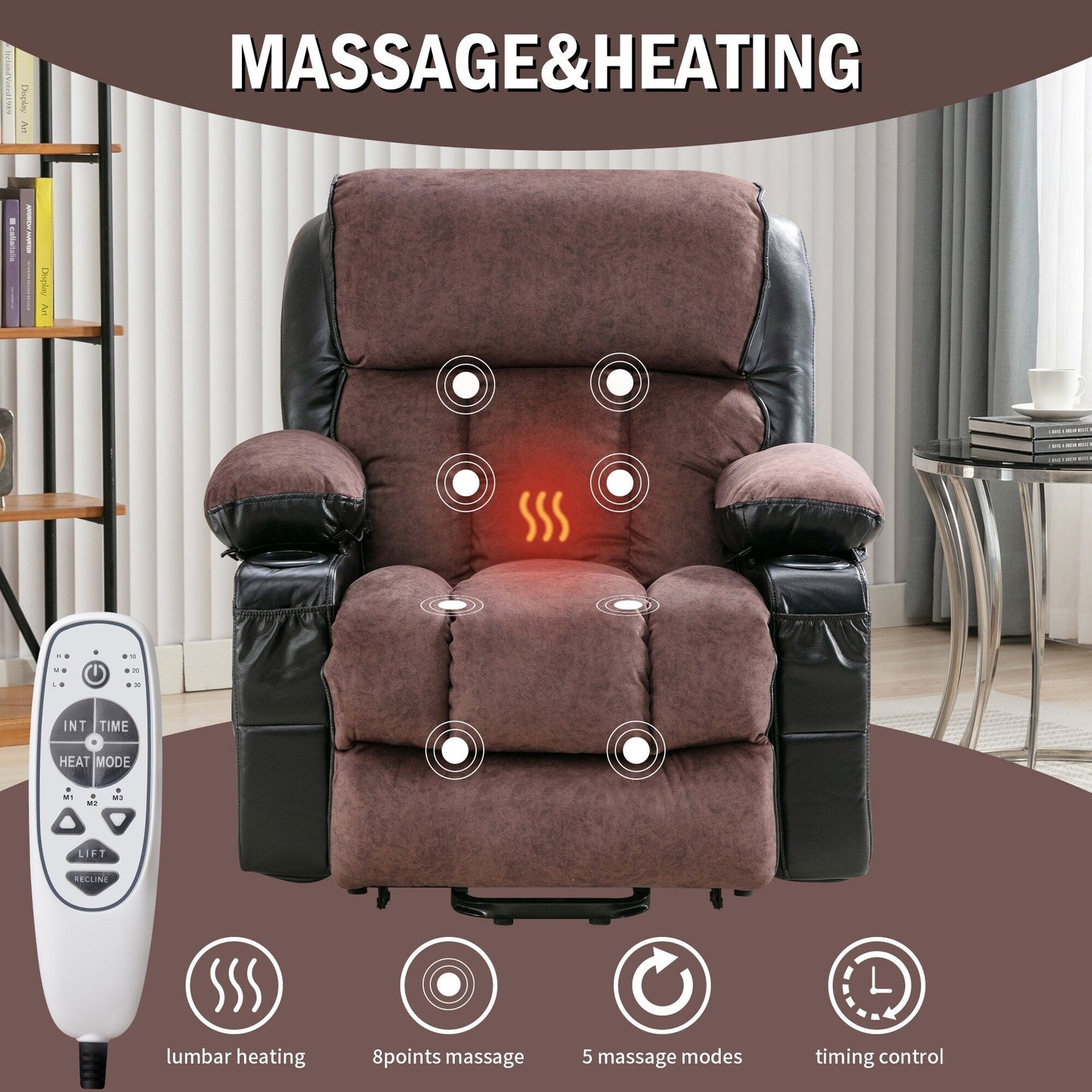 Fauteuil inclinable électrique noir pour personnes âgées avec massage chauffant, chargement USB, revêtement en similicuir et porte-gobelets