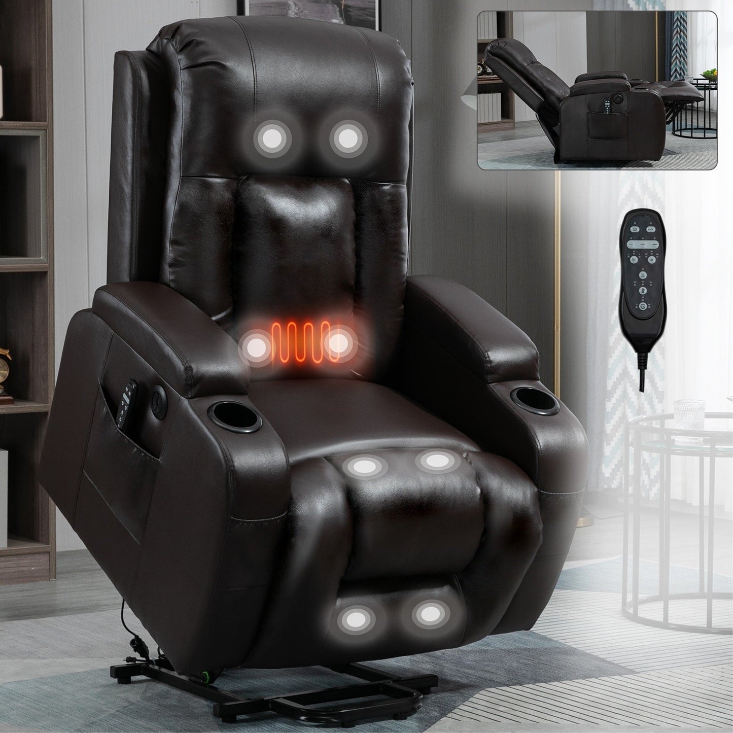 Fauteuil inclinable électrique noir avec massage à 8 points, lombaire chauffant, ports USB, porte-gobelets et mécanisme durable