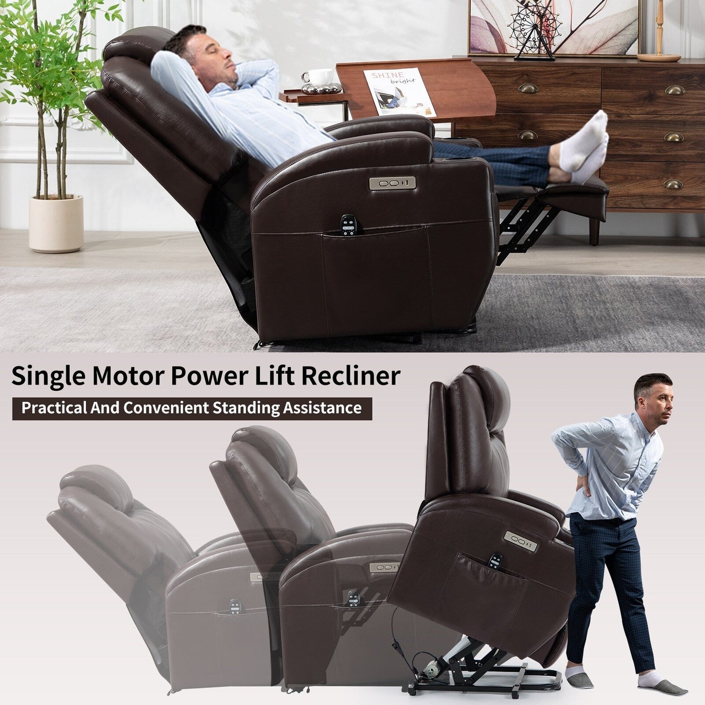 Fauteuil inclinable électrique noir avec massage par vibrations à 8 points, chauffage lombaire, deux ports USB, porte-gobelets et moteur OKIN