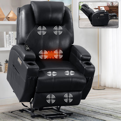 Fauteuil inclinable électrique noir avec massage par vibrations à 8 points, chauffage lombaire, deux ports USB, porte-gobelets et moteur OKIN