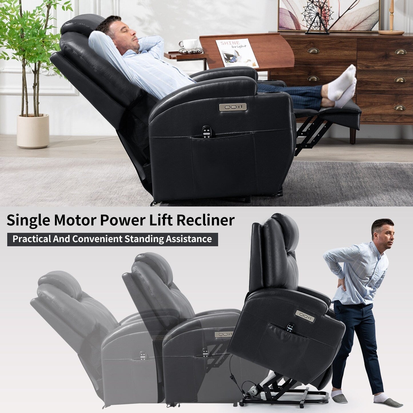 Fauteuil inclinable électrique noir avec massage par vibrations à 8 points, chauffage lombaire, deux ports USB, porte-gobelets et moteur OKIN