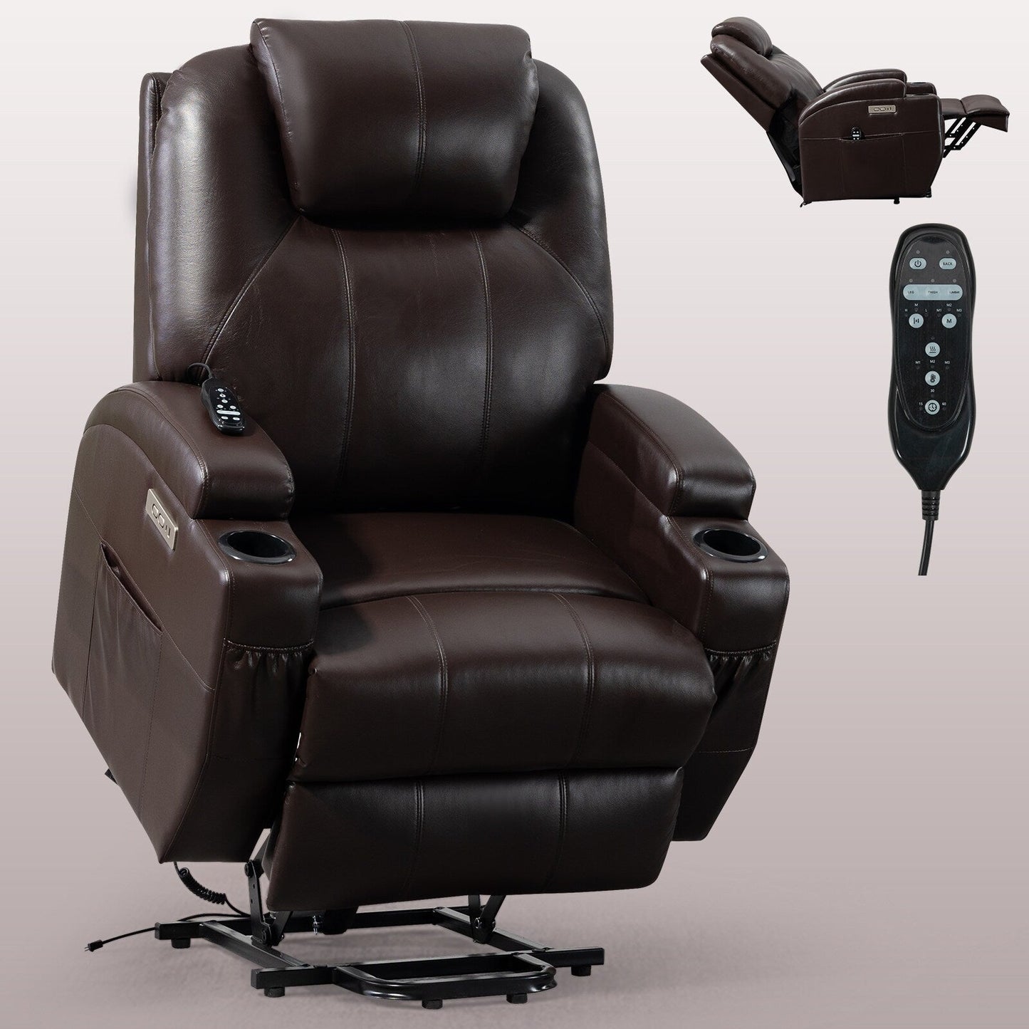 Fauteuil inclinable électrique noir avec massage par vibrations à 8 points, chauffage lombaire, deux ports USB, porte-gobelets et moteur OKIN