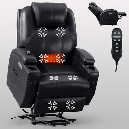 Fauteuil inclinable électrique noir avec massage par vibrations à 8 points, chauffage lombaire, deux ports USB, porte-gobelets et moteur OKIN