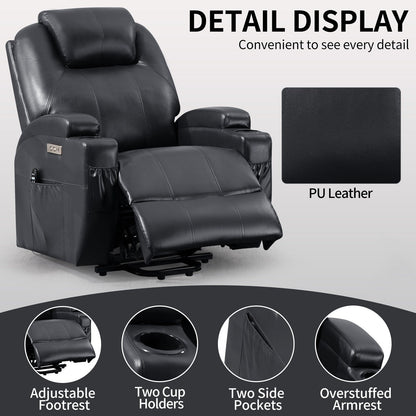 Fauteuil inclinable électrique noir avec massage par vibrations à 8 points, chauffage lombaire, deux ports USB, porte-gobelets et moteur OKIN