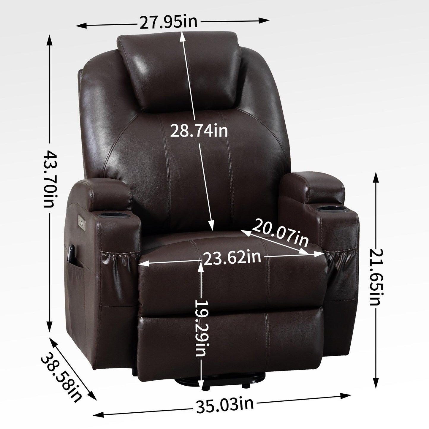 Fauteuil inclinable électrique noir avec deux ports USB, massage 8 points, chauffage lombaire, porte-gobelets et moteur Okin silencieux