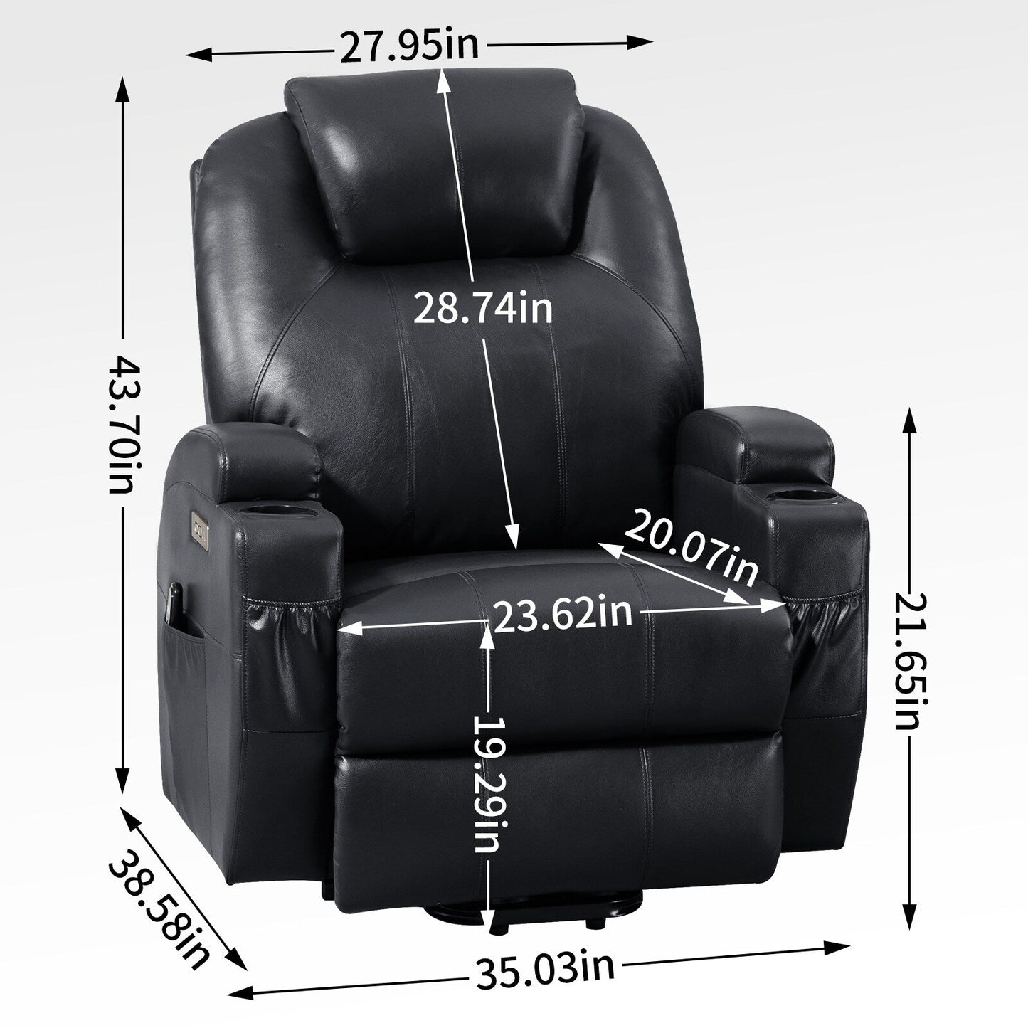 Fauteuil inclinable électrique noir avec deux ports USB, massage 8 points, chauffage lombaire, porte-gobelets et moteur Okin silencieux