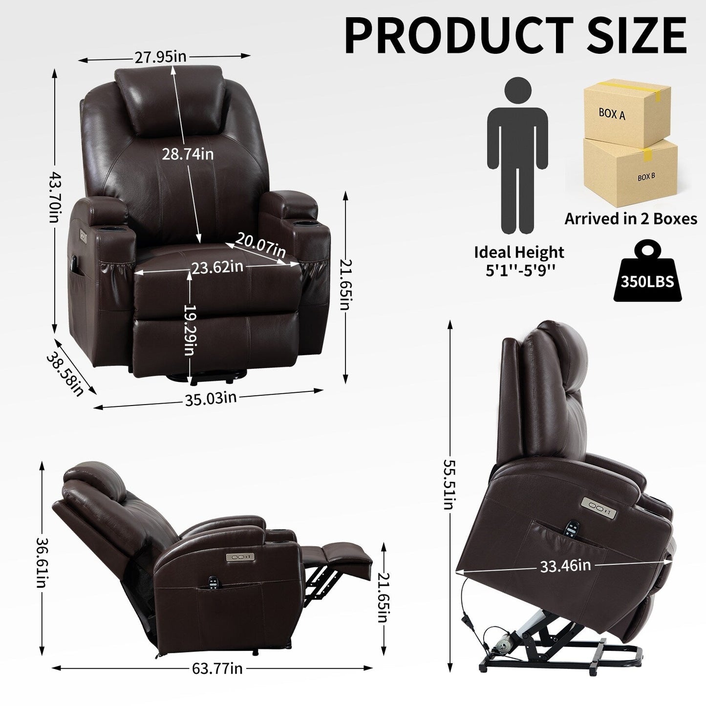 Fauteuil inclinable électrique noir avec deux ports USB, massage 8 points, chauffage lombaire, porte-gobelets et moteur Okin silencieux