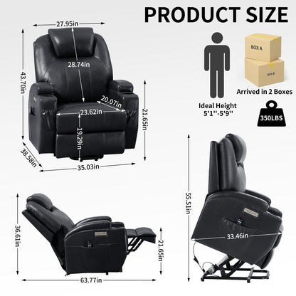 Fauteuil inclinable électrique noir avec deux ports USB, massage 8 points, chauffage lombaire, porte-gobelets et moteur Okin silencieux