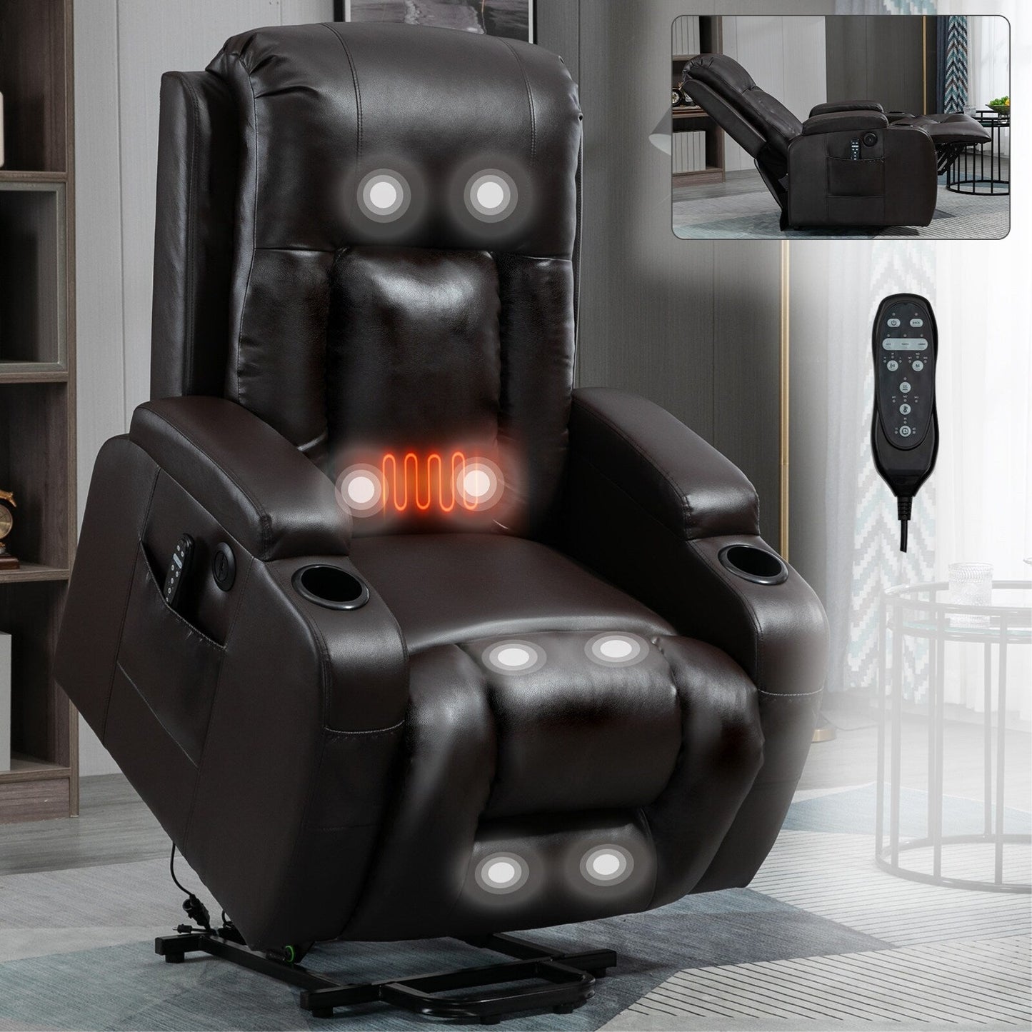 Fauteuil inclinable électrique noir avec massage, chauffage lombaire, port USB et porte-gobelets
