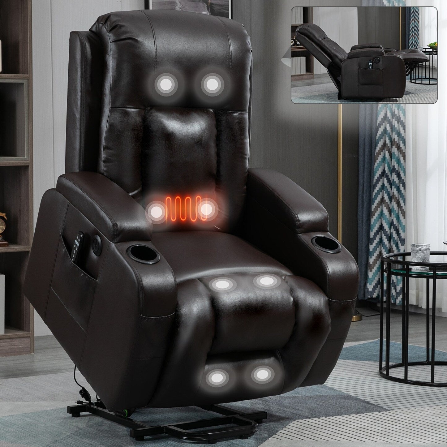 Fauteuil inclinable électrique noir avec massage, chauffage lombaire, port USB et porte-gobelets