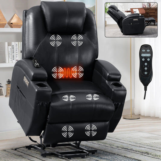 Fauteuil inclinable électrique noir avec moteur Okin, massage par vibrations à 8 points, chauffage lombaire, deux porte-gobelets et ports USB