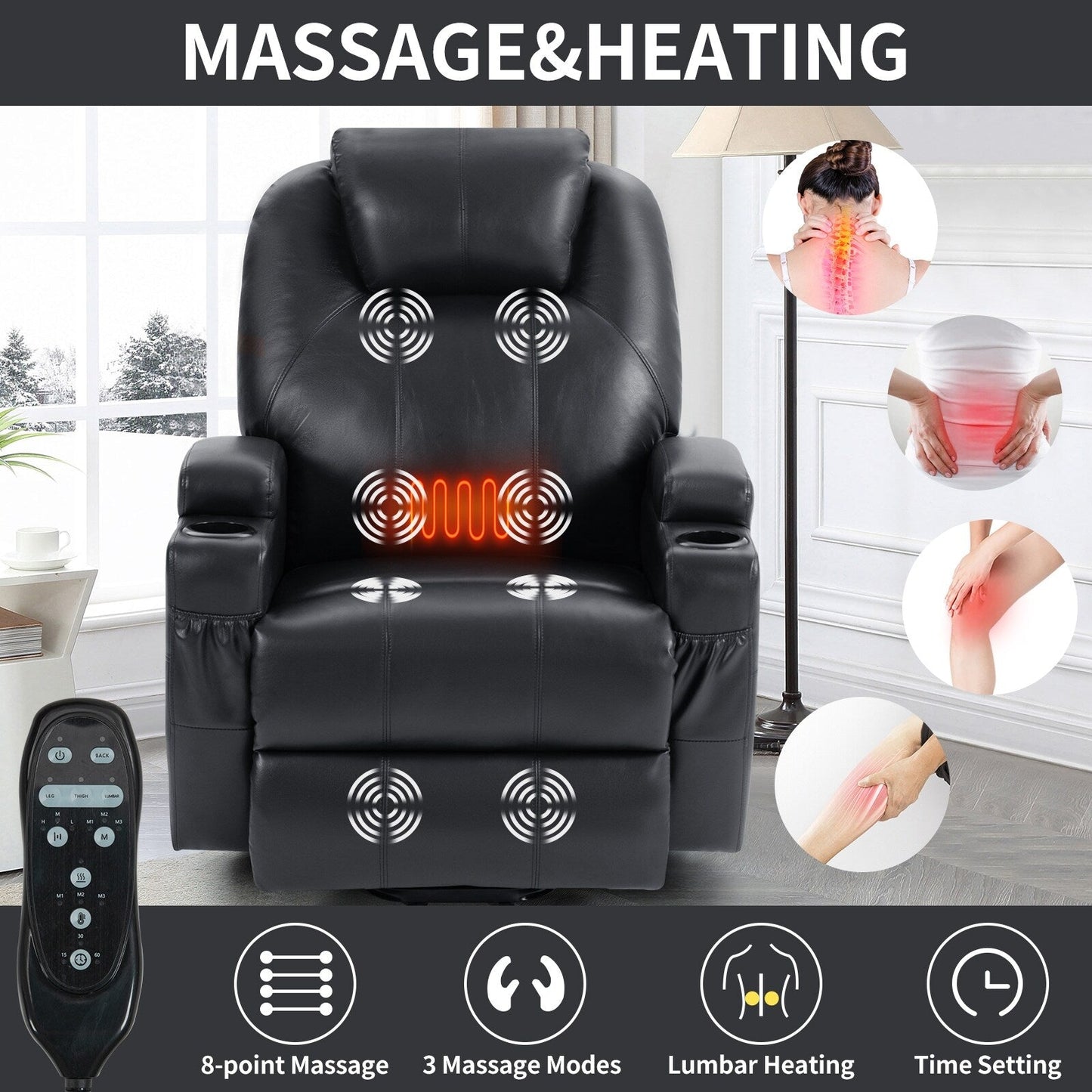 Fauteuil inclinable électrique noir avec moteur Okin, massage par vibrations à 8 points, chauffage lombaire, deux porte-gobelets et ports USB