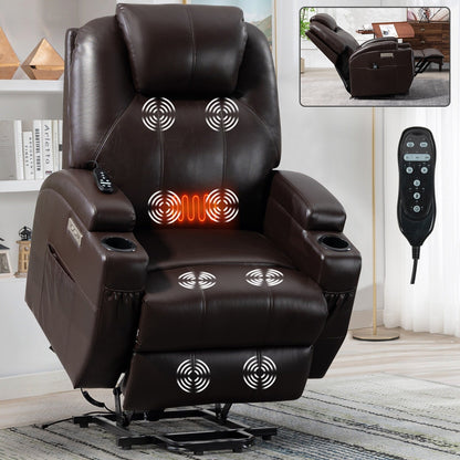 Fauteuil inclinable électrique noir avec moteur Okin, massage par vibrations à 8 points, chauffage lombaire, deux porte-gobelets et ports USB