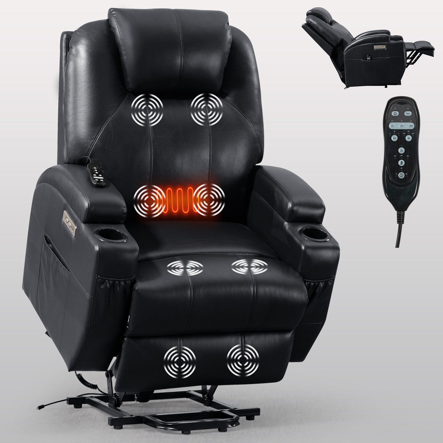 Fauteuil inclinable électrique noir avec moteur Okin, massage par vibrations à 8 points, chauffage lombaire, deux porte-gobelets et ports USB