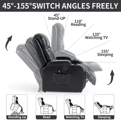 Fauteuil inclinable électrique noir avec massage par vibrations, chauffage lombaire, port USB et porte-gobelets pour personnes âgées
