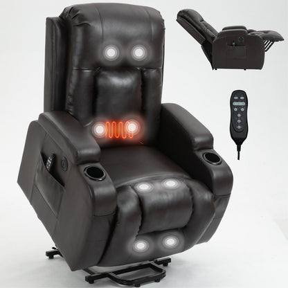 Fauteuil inclinable électrique noir avec massage par vibrations, chauffage lombaire, port USB et porte-gobelets pour personnes âgées